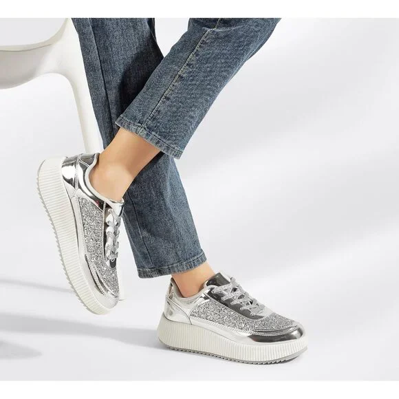 Lucky Step Women's Silver Platform Sneakers Rhinestone Fashion Chunky Shoes - Picture 9 of 9